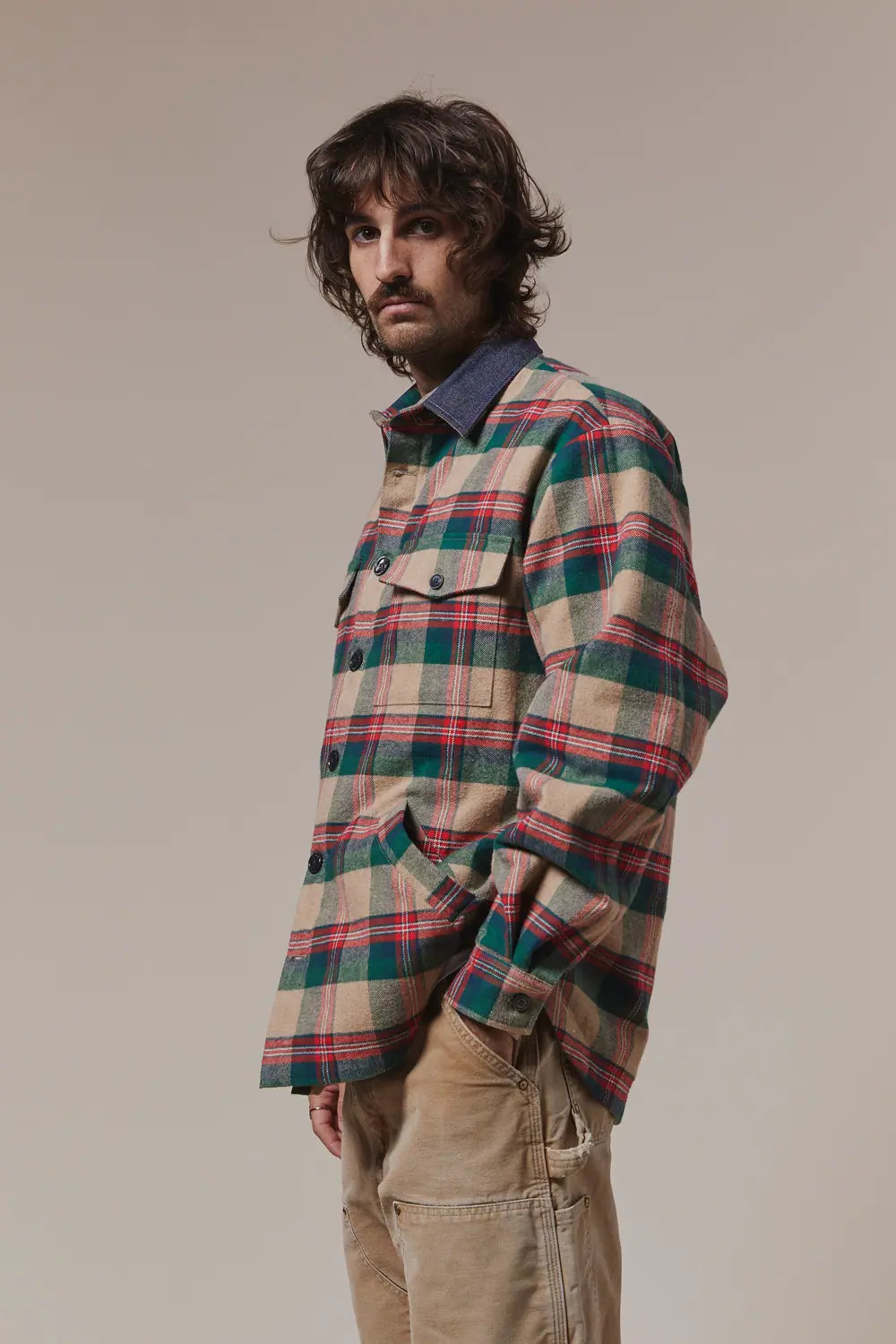 Veste matelassé - Carreaux - Camel vert et rouge