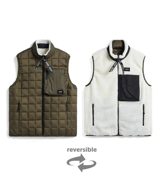 Mountain Reversible - Down x Light Boa Hi Neck Vest - D.Olive x Ivory
