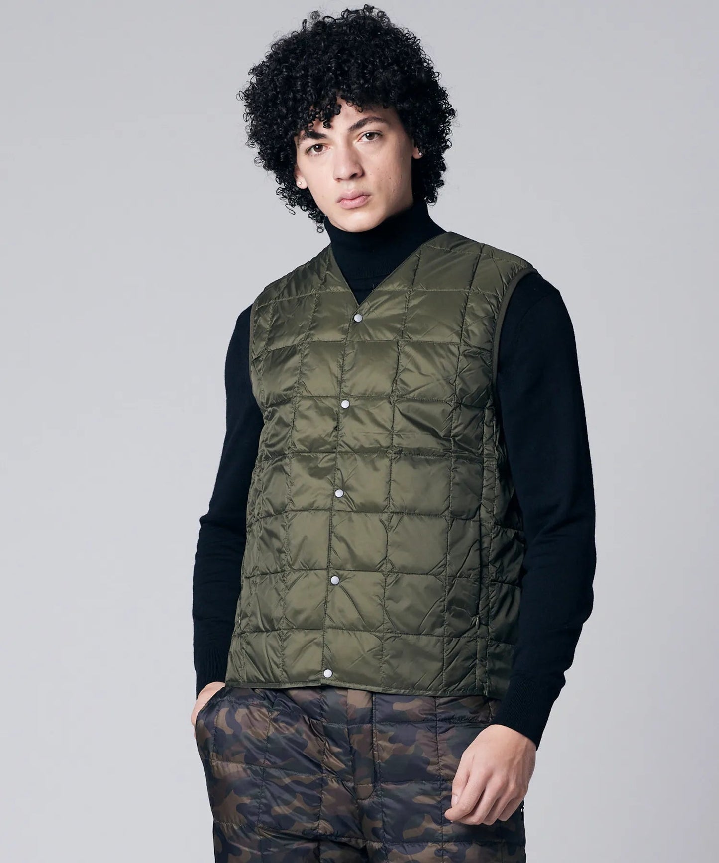 V-Neck Button Down Vest - D.Olive