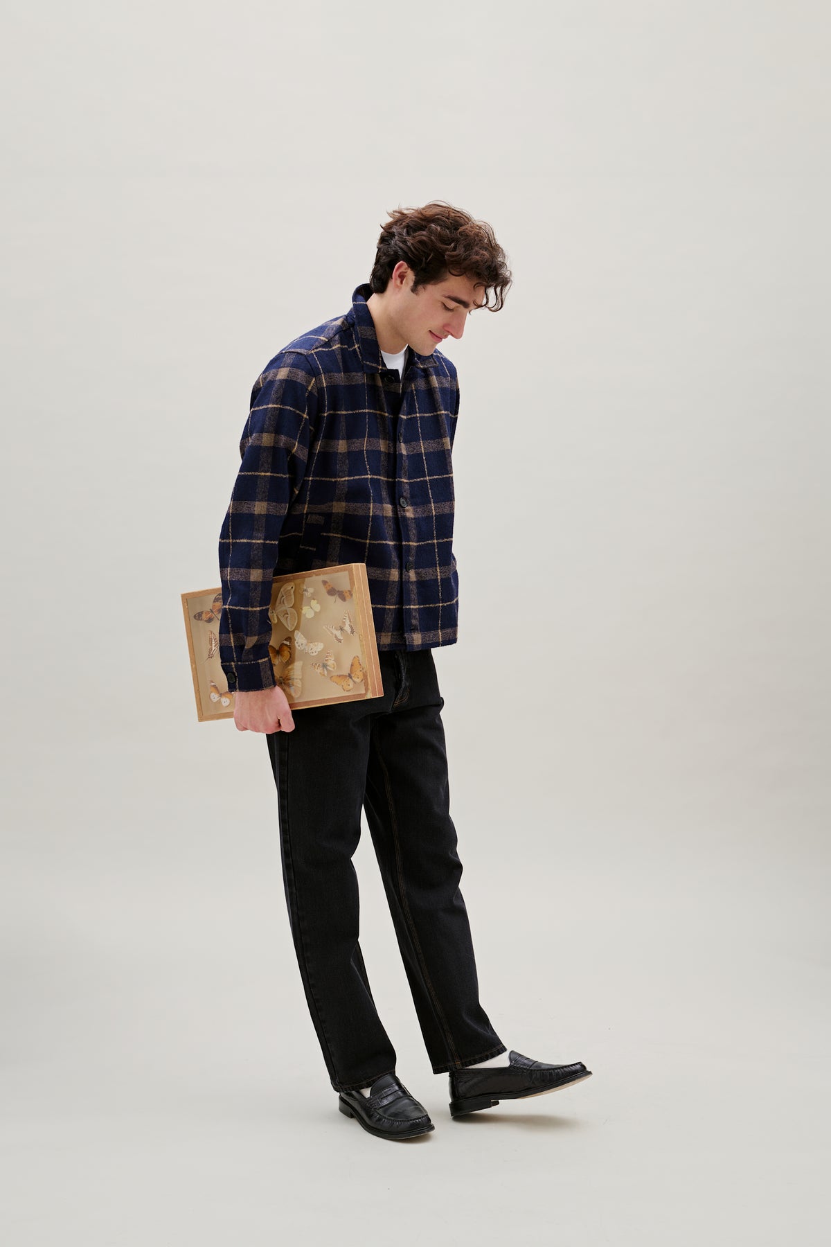 Sun Wool Relaxed Fit Check Overshirt - Navy