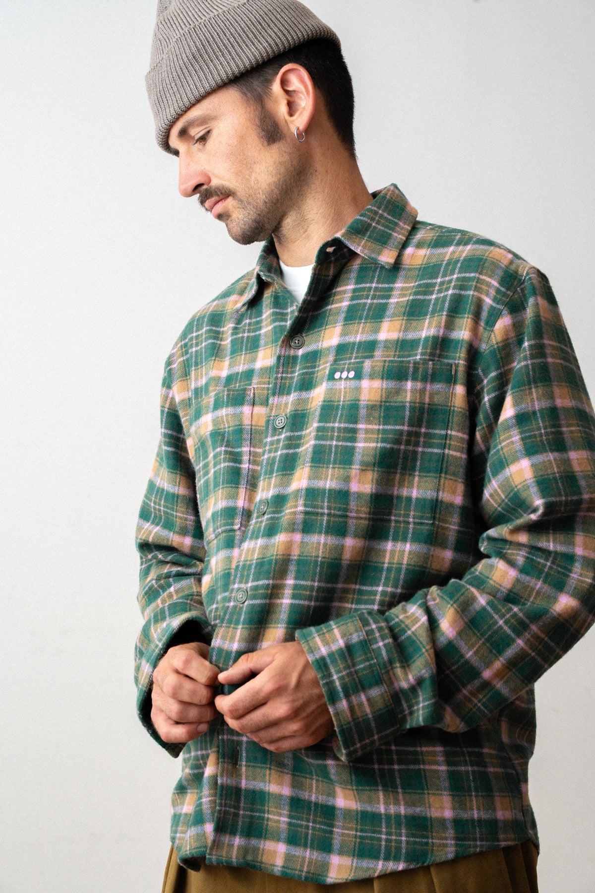 Surchemise en flanelle à carreaux - Tartan vert et rose pâle