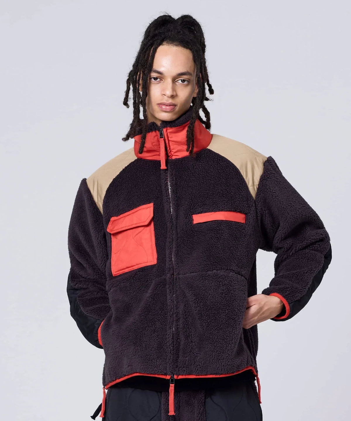 Military Pile Fleece High-Neck Jacket - D.Choco / Crazy