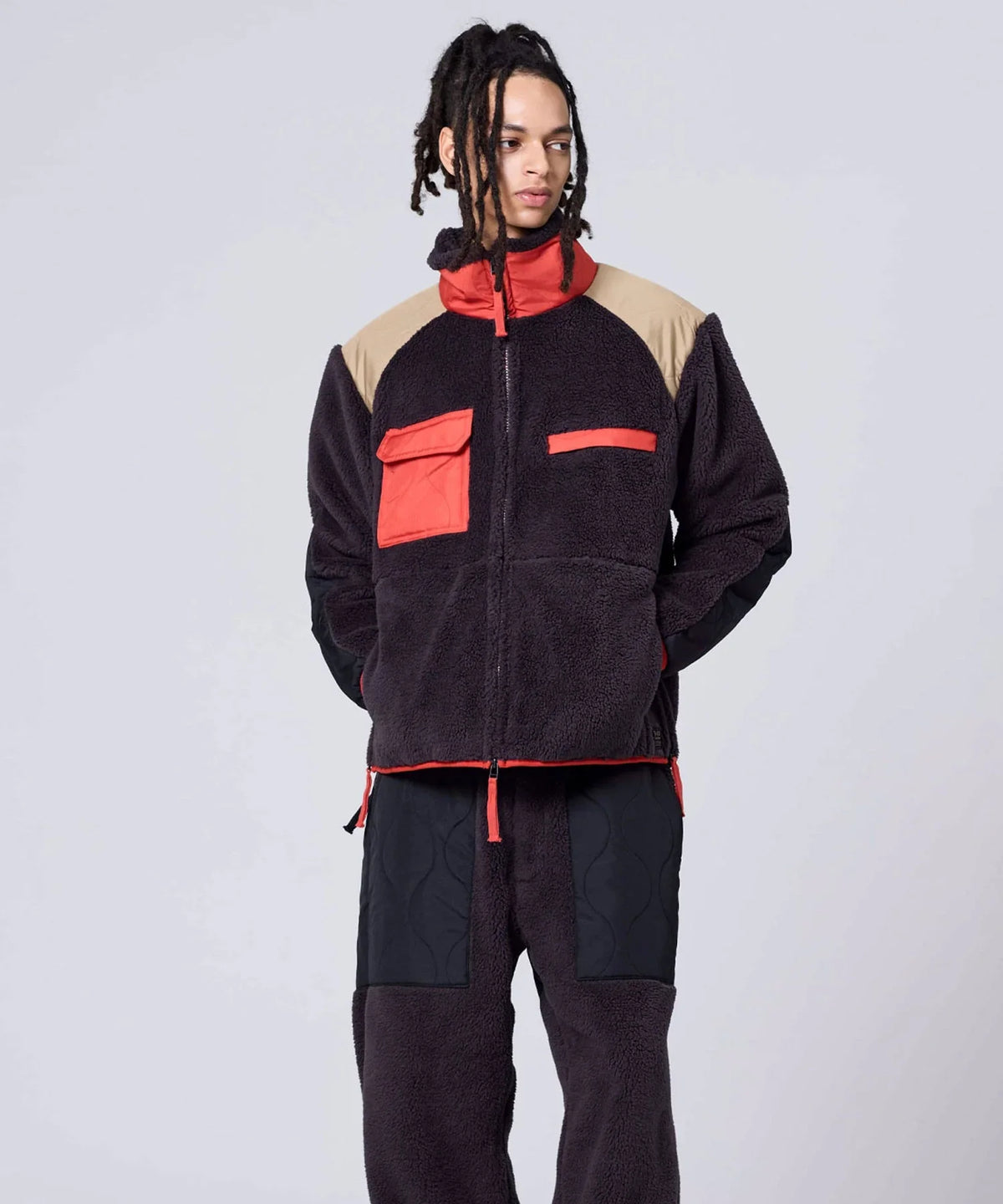 Military Pile Fleece High-Neck Jacket - D.Choco / Crazy