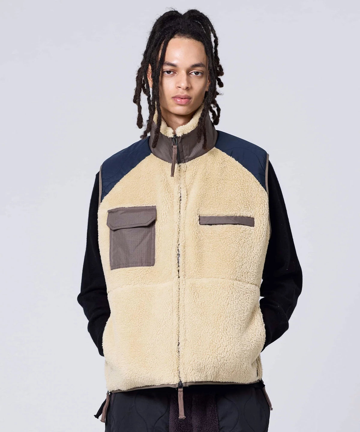Military Pile Fleece High-Neck Vest - Cream / Crazy