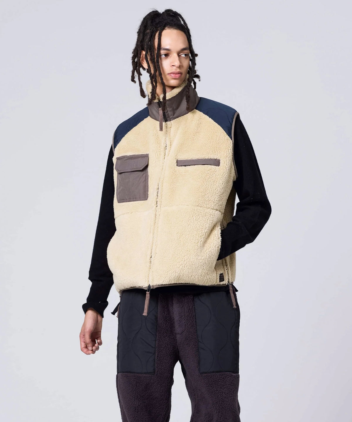 Military Pile Fleece High-Neck Vest - Cream / Crazy
