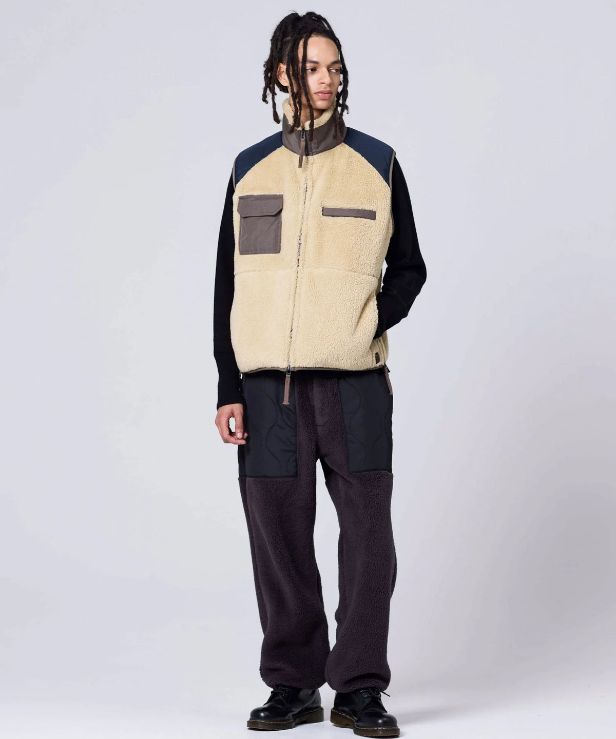 Military Pile Fleece High-Neck Vest - Cream / Crazy