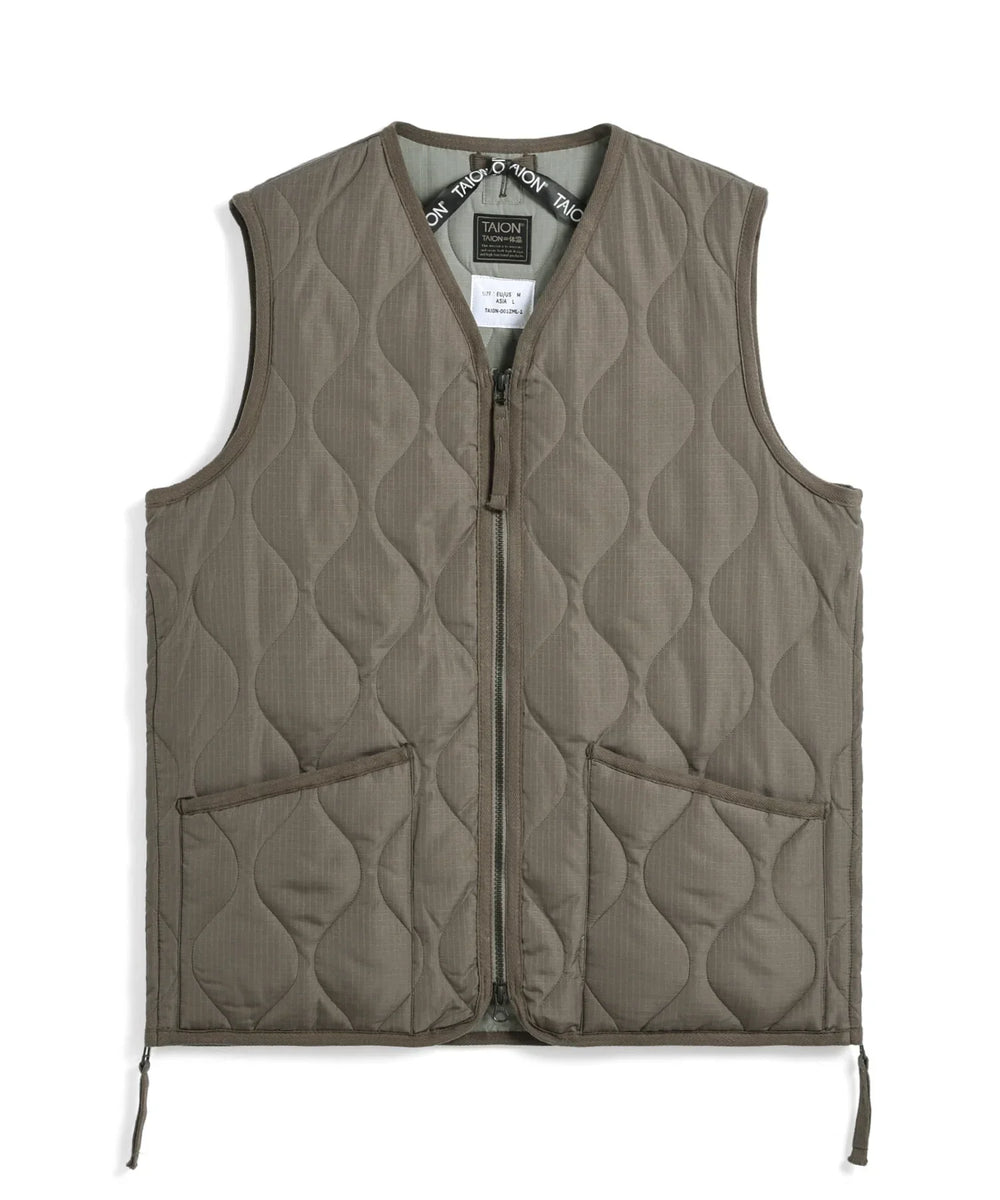 Military V-Zip Neck Down Vest - D.Khaki