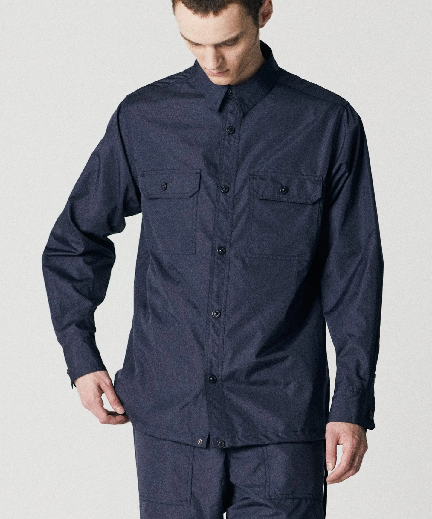 Non Down Military Button Slit Shirt LS - D.Navy