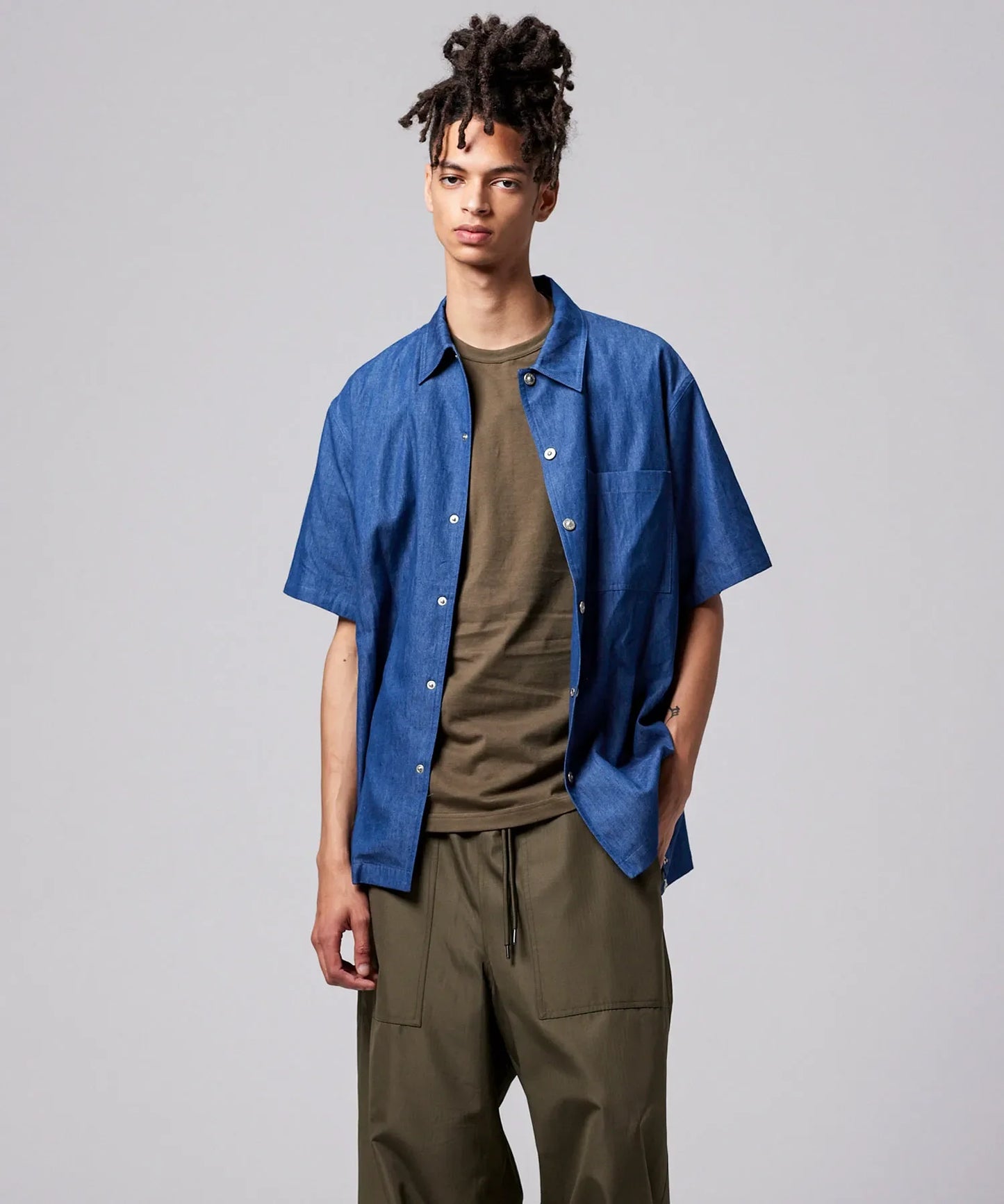 Non Down Military Button Slit Shirt SS - Indigo Denim