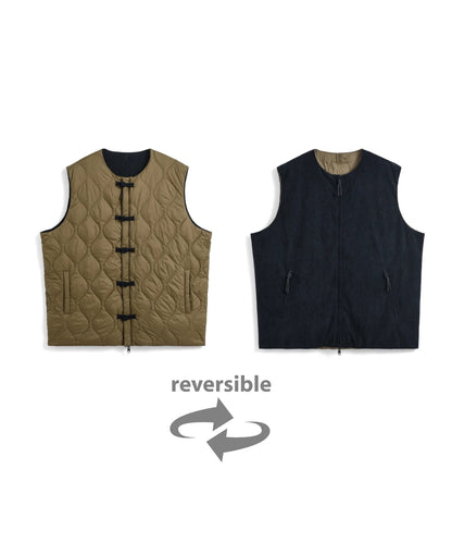 Reversible China Button Down Vest - D.Khaki / D.Navy